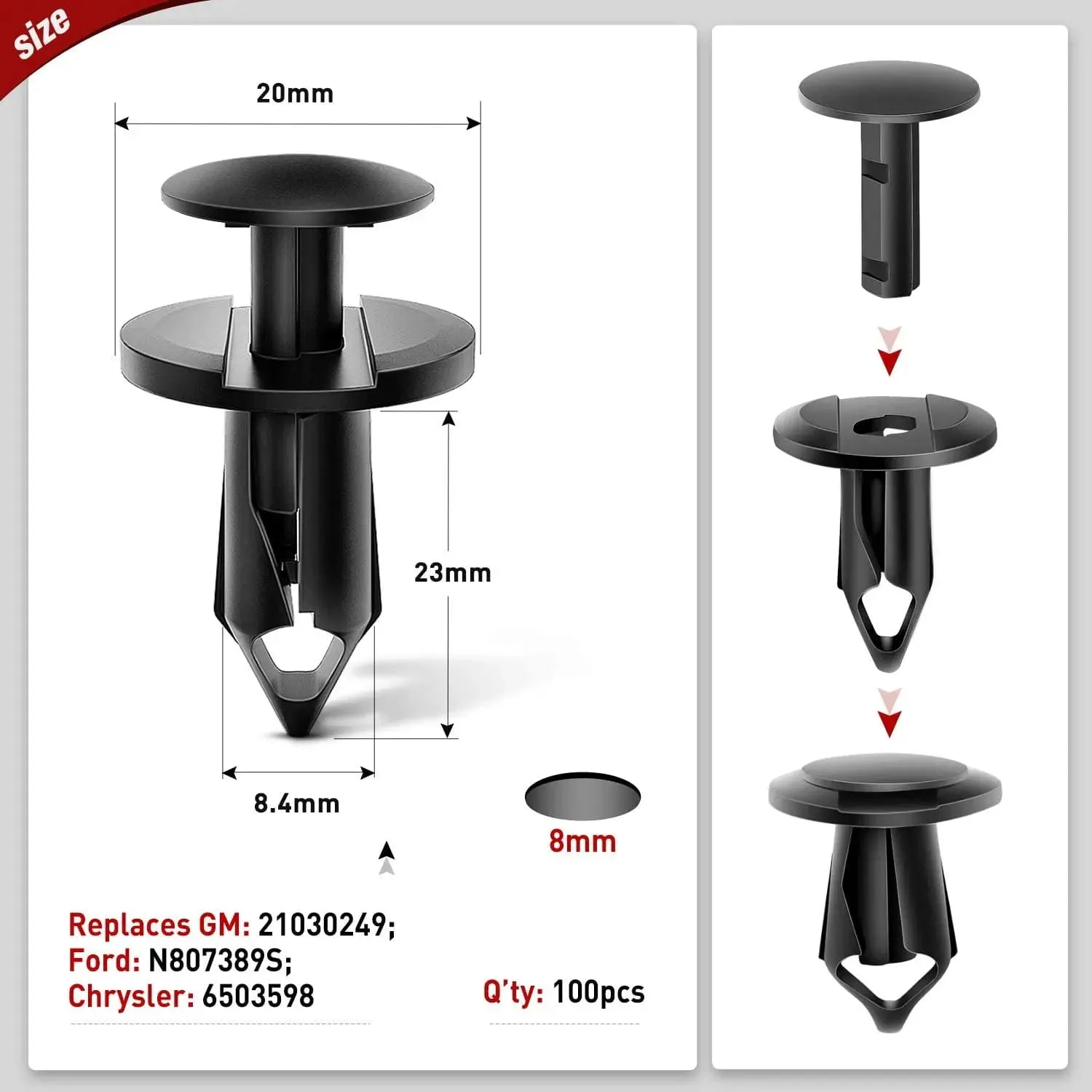 100 Pcs Hole 8mm Nylon Bumper Rivet Clips for GM 21030249 for Ford N807389S for Chrysler 6503598