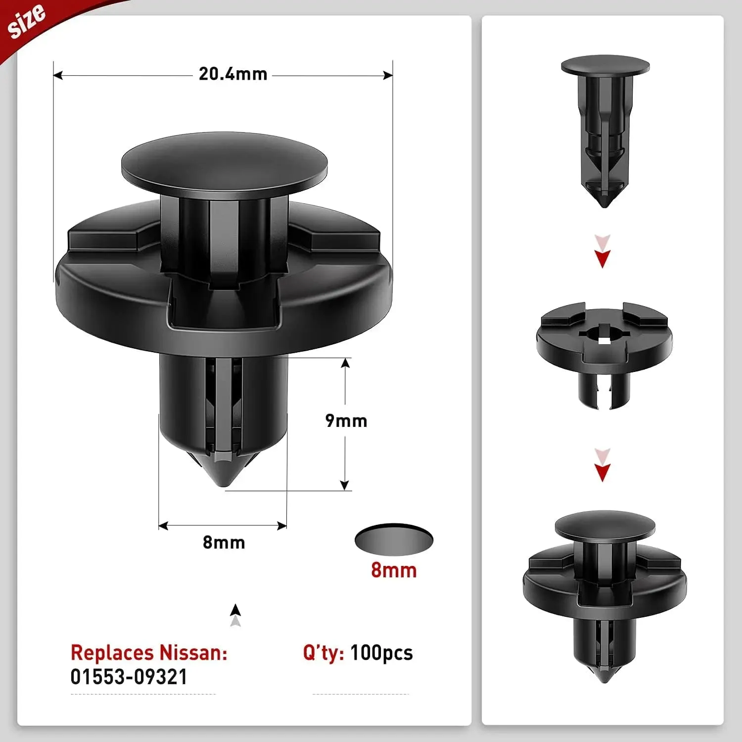 100 Pcs Hole 8mm Nylon Bumper Rivet Fender Clips OEM Replaces Nissan: 01553-093210 8mm