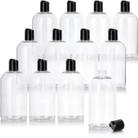 16 oz / 500 ml Clear Plastic PET Boston Round Bottle (BPA Free) with (12 pack, Black Disc Cap)