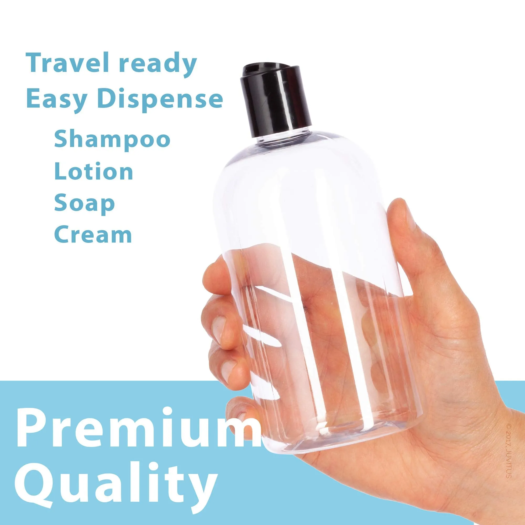 16 oz / 500 ml Clear Plastic PET Boston Round Bottle (BPA Free) with (12 pack, Black Disc Cap)