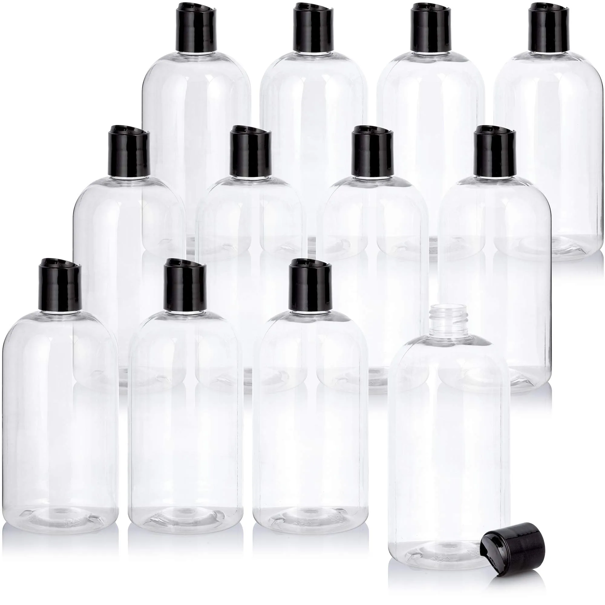 16 oz / 500 ml Clear Plastic PET Boston Round Bottle (BPA Free) with (12 pack, Black Disc Cap)