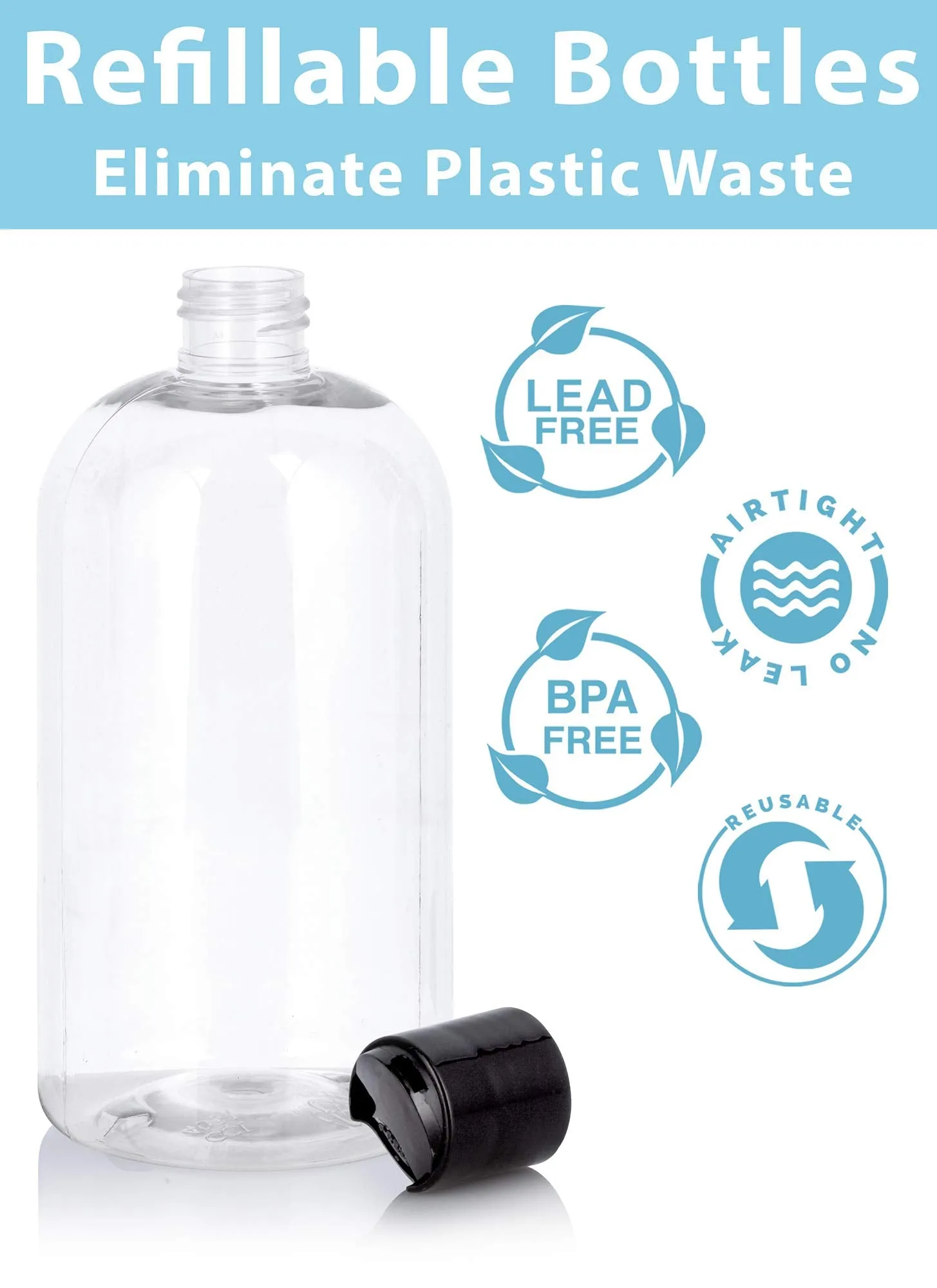 16 oz / 500 ml Clear Plastic PET Boston Round Bottle (BPA Free) with (12 pack, Black Disc Cap)