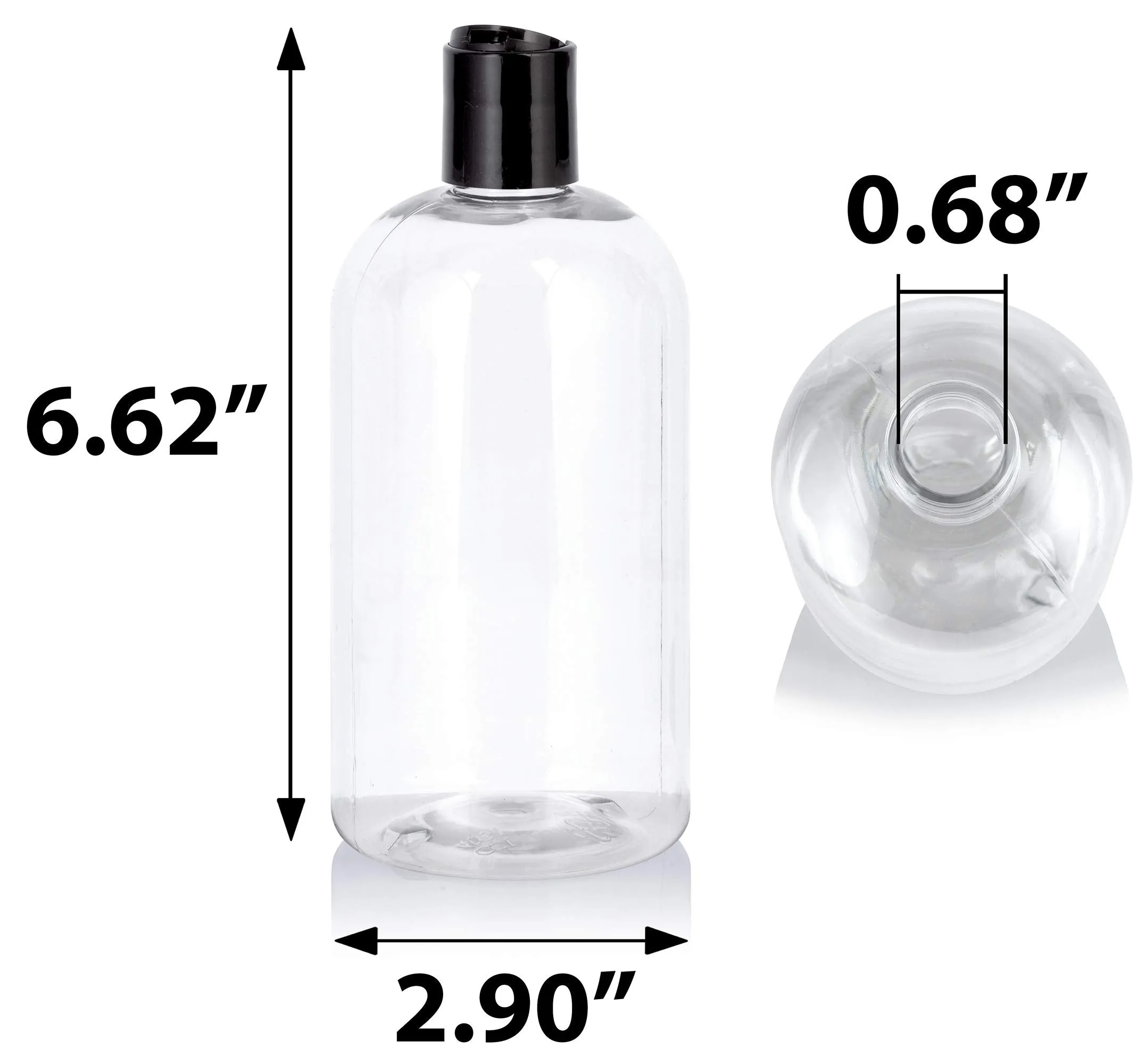 16 oz / 500 ml Clear Plastic PET Boston Round Bottle (BPA Free) with (12 pack, Black Disc Cap)