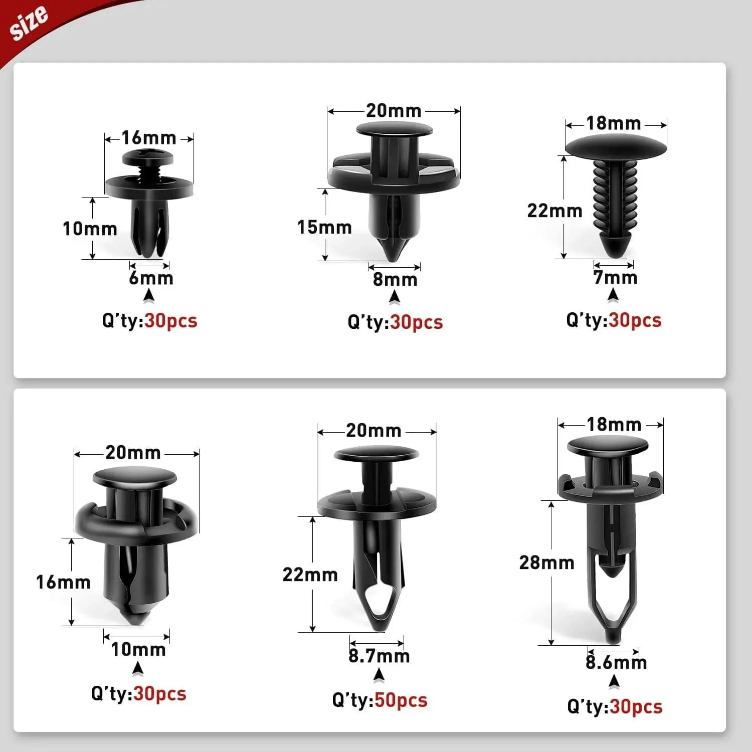200 Pcs Hole 6mm 7mm 8mm 9mm 10mm Car Retainer Clips Expansion Screws Replacement Kit Bumper Push Rivet Clips for GM Ford Toyota Honda Chrysler Nissan