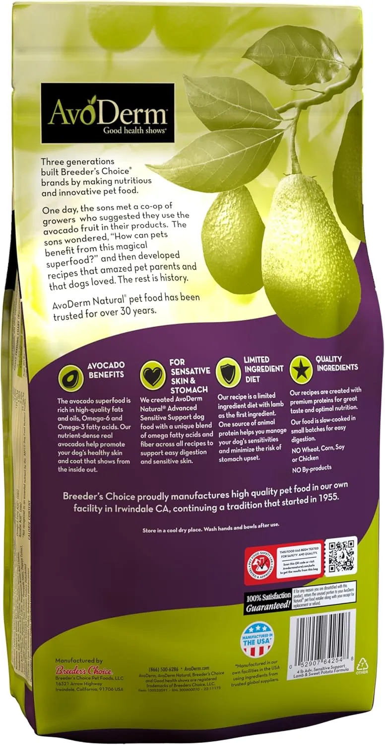 AvoDerm Advanced Sensitive Support Grain-Free Lamb & Sweet Potato Formula Dry Dog Food, Sensitive Stomach, 4lb