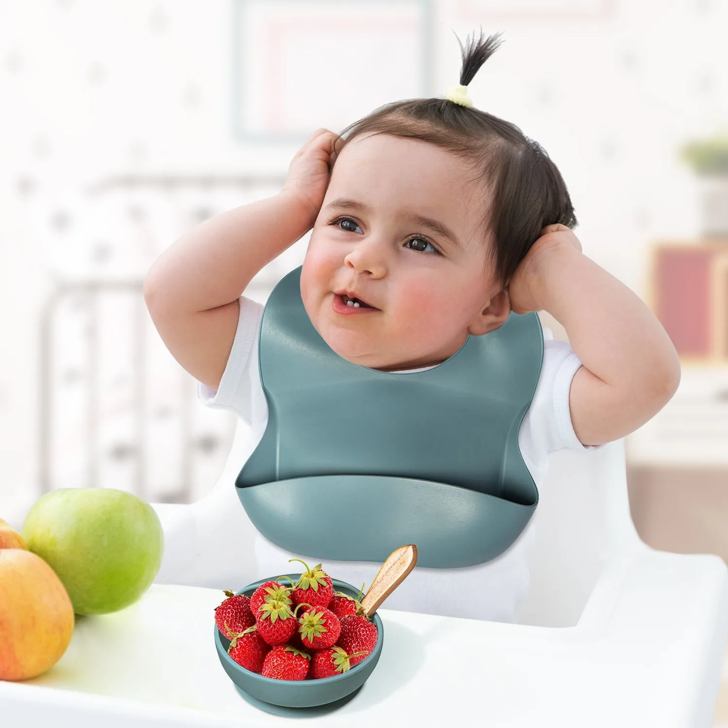 Bluish Grey Waterproof Silicon Bib And Bowl Set