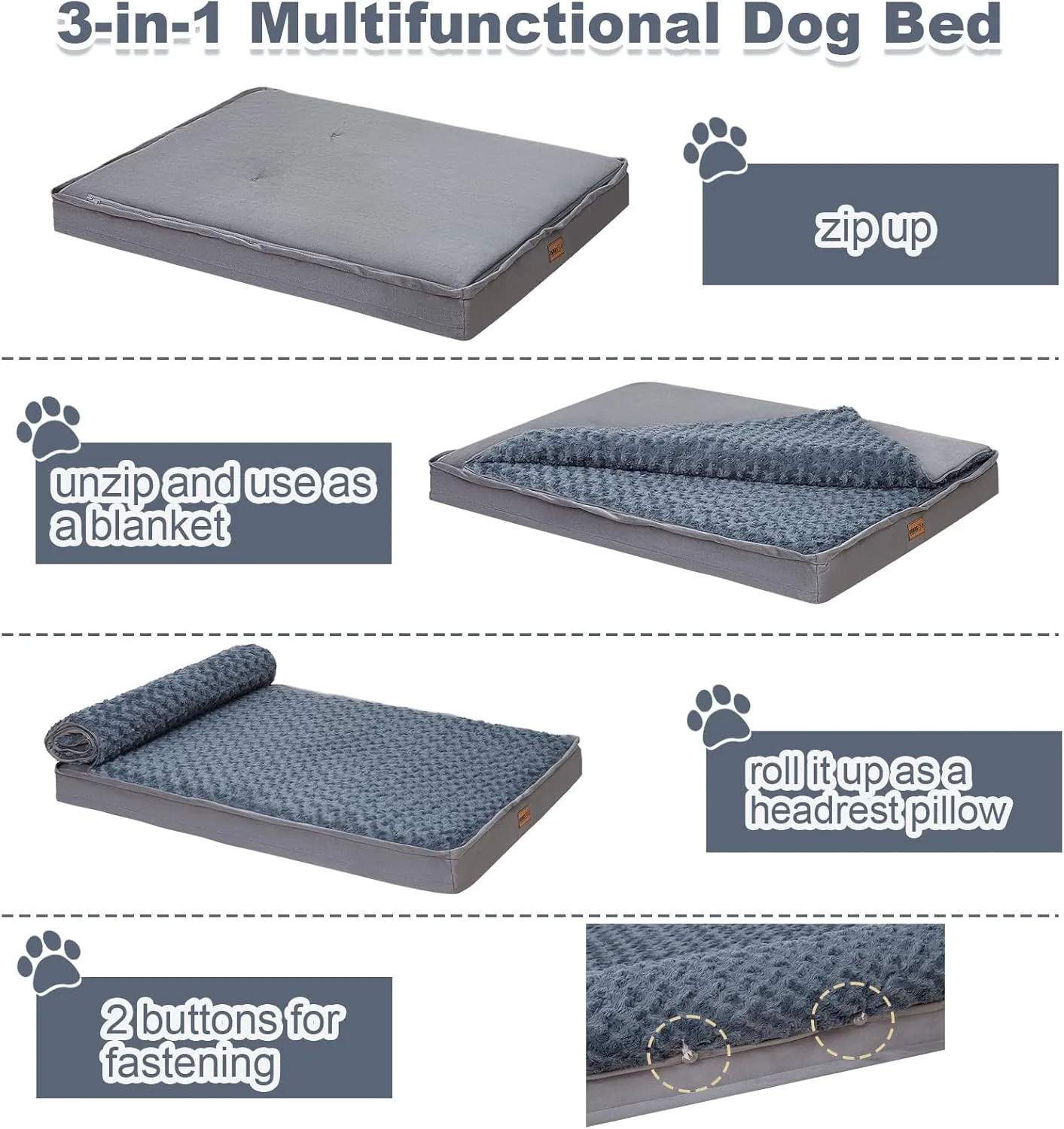COMAX Washable Dog Bed for Large Sized Dog, Waterproof Bed Orthopedic with Removable Cover and Anti-Slip Bottom, 3-in-1 Egg Crate Foam Pet Mat