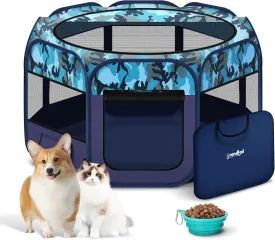 Dog Playpen, Portable Pet Play Pen for Cat, Puppies, Foldable Large-Capacity Pet Playpen for Indoor/Outdoor Dog House (Blue, 55" x 30", 8)