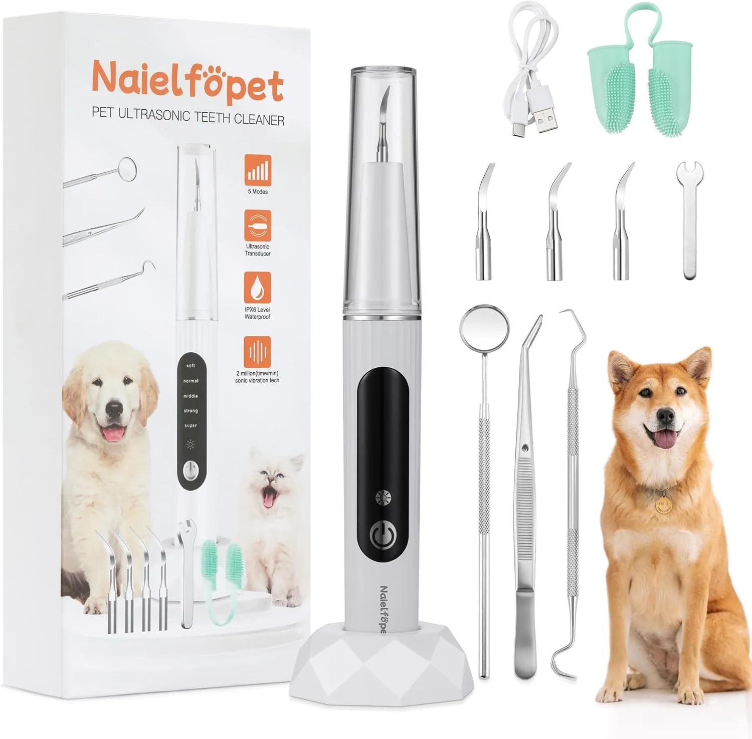Dog Tartar and Plaque Remover for Teeth, Rechargeable Sonic Tooth Cleaner for Dogs,Dogs Dental Teeth Cleaning Kit, Dog Tooth Plaque Remover with LED Light (White)