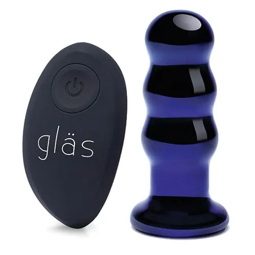 Glas - Remote Control Rechargeable Vibrating Glass Beaded Butt Plug 3.5" (Blue)