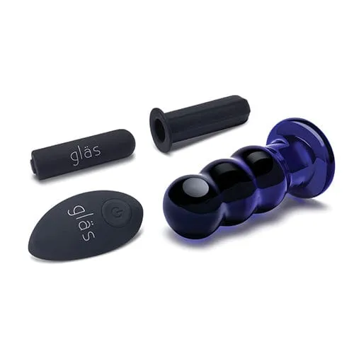 Glas - Remote Control Rechargeable Vibrating Glass Beaded Butt Plug 3.5" (Blue)