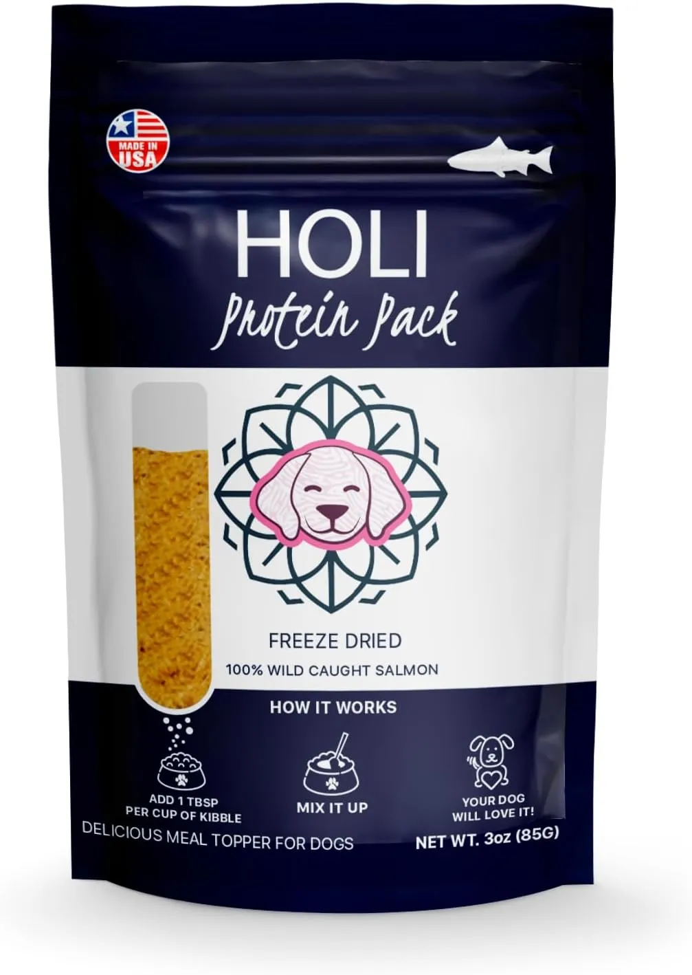 HOLI Freeze Dried Salmon Dog Food Topper - with Omega 3 & 6 - Single Ingredient, Human-Grade Wild Caught Salmon - Dog Food Flavor Enhancer for Picky Dogs  100% All Natural - 3oz