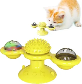 Interactive Windmill Cat Toy with Suction Cup, Rotating Catnip & Light-Up Ball for Indoor Cats, Promotes Dental Health, Mental Stimulation, and Kitten Enrichment (Yellow)