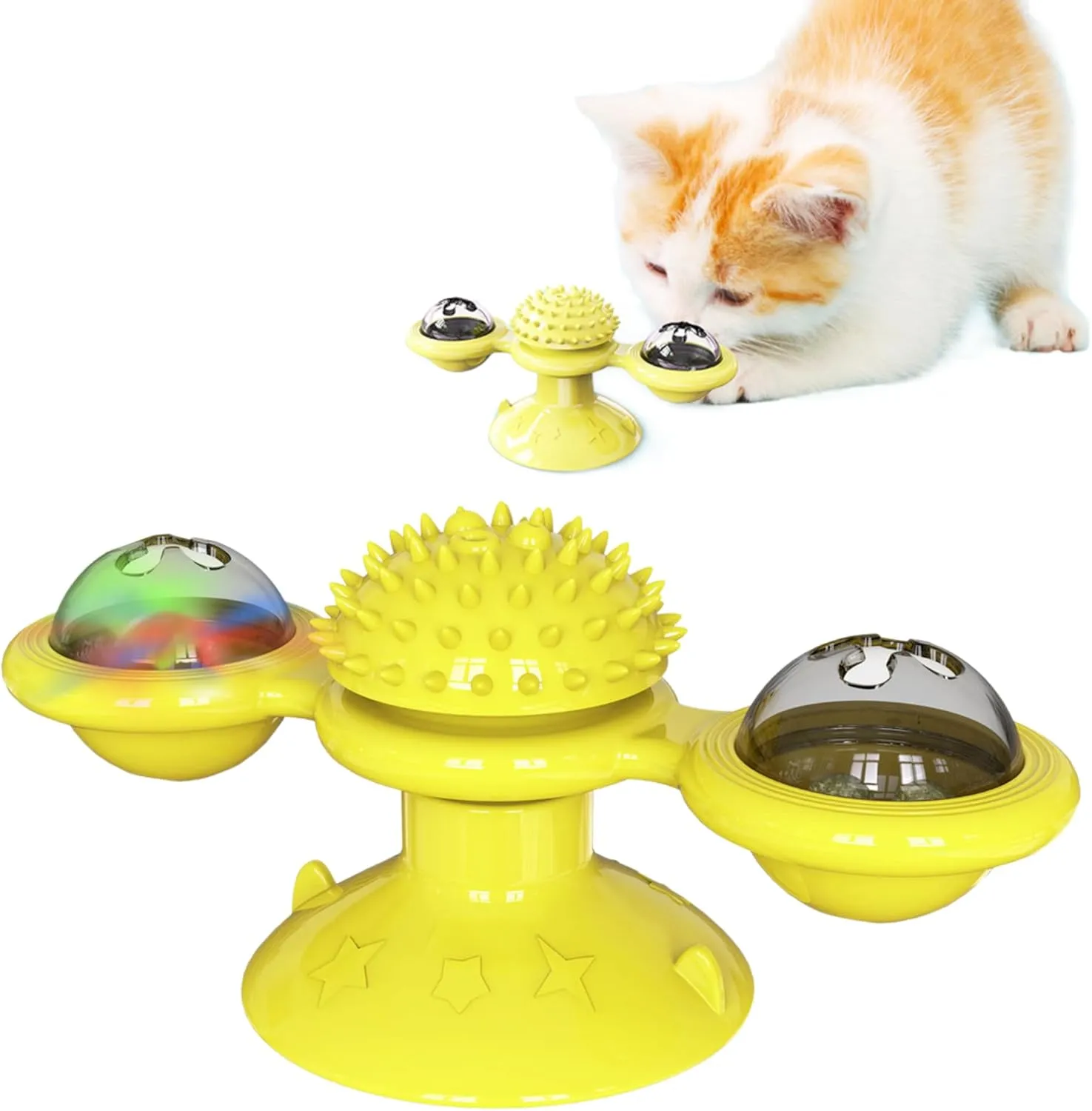 Interactive Windmill Cat Toy with Suction Cup, Rotating Catnip & Light-Up Ball for Indoor Cats, Promotes Dental Health, Mental Stimulation, and Kitten Enrichment (Yellow)