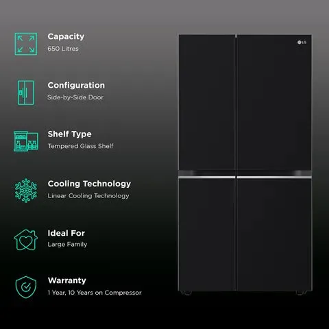 LG GLB257HWB3 Convertible 650 Litres 3 Star Frost Free Side by Side Refrigerator with Multi Air Flow (Western Black)