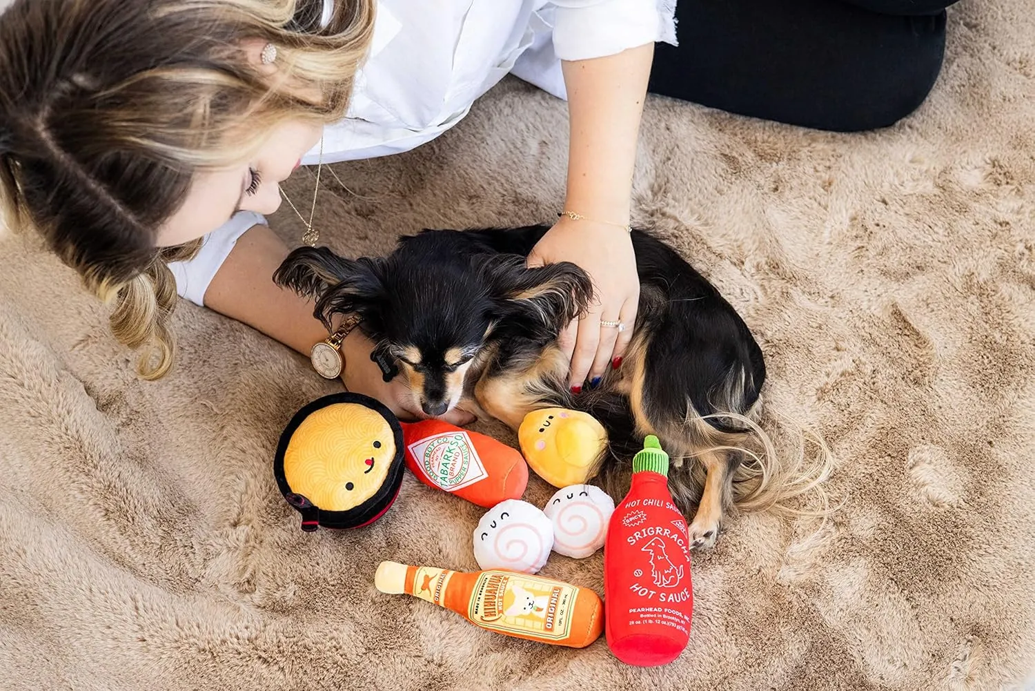 Pearhead Hot Sauce Dog Toys, Set of 3, Hot Sauce Toy Set for Dogs, Must Have Toys for Pet Owners, Plush Chew Toys Set of 3