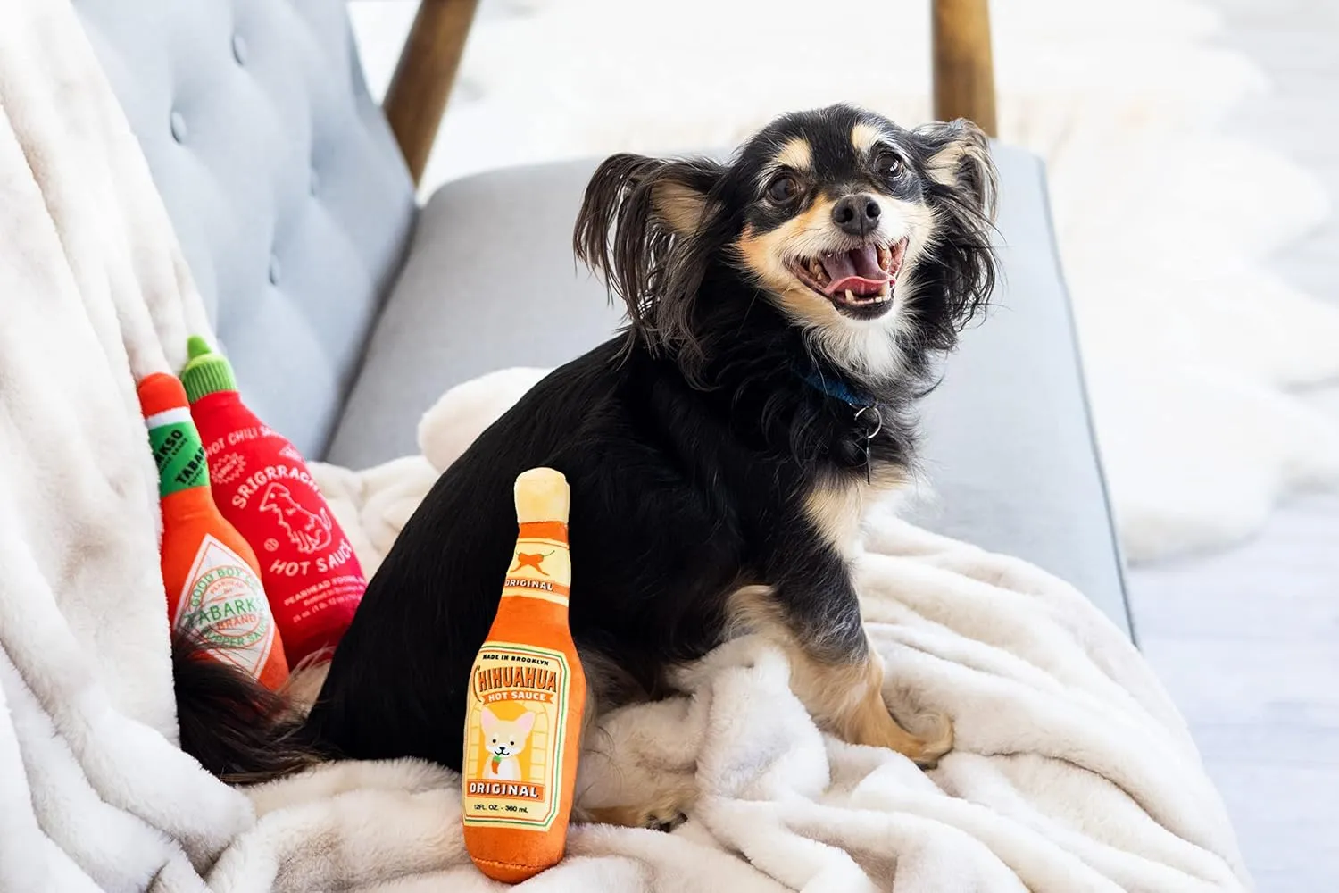 Pearhead Hot Sauce Dog Toys, Set of 3, Hot Sauce Toy Set for Dogs, Must Have Toys for Pet Owners, Plush Chew Toys Set of 3