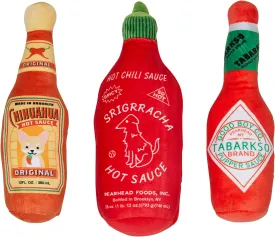 Pearhead Hot Sauce Dog Toys, Set of 3, Hot Sauce Toy Set for Dogs, Must Have Toys for Pet Owners, Plush Chew Toys Set of 3