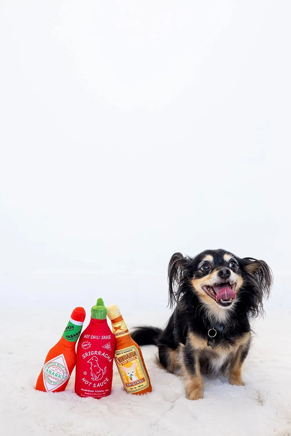 Pearhead Hot Sauce Dog Toys, Set of 3, Hot Sauce Toy Set for Dogs, Must Have Toys for Pet Owners, Plush Chew Toys Set of 3