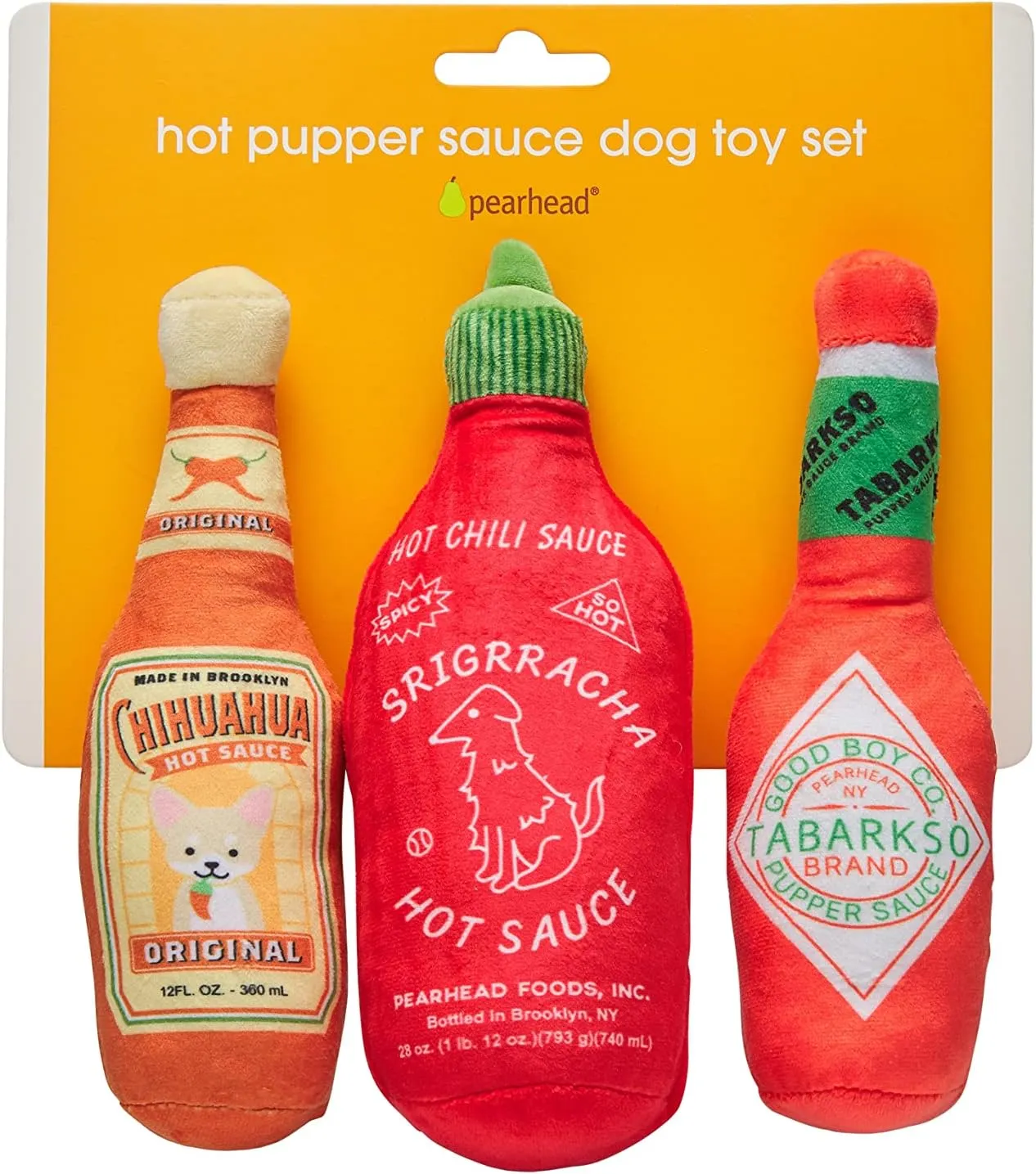 Pearhead Hot Sauce Dog Toys, Set of 3, Hot Sauce Toy Set for Dogs, Must Have Toys for Pet Owners, Plush Chew Toys Set of 3