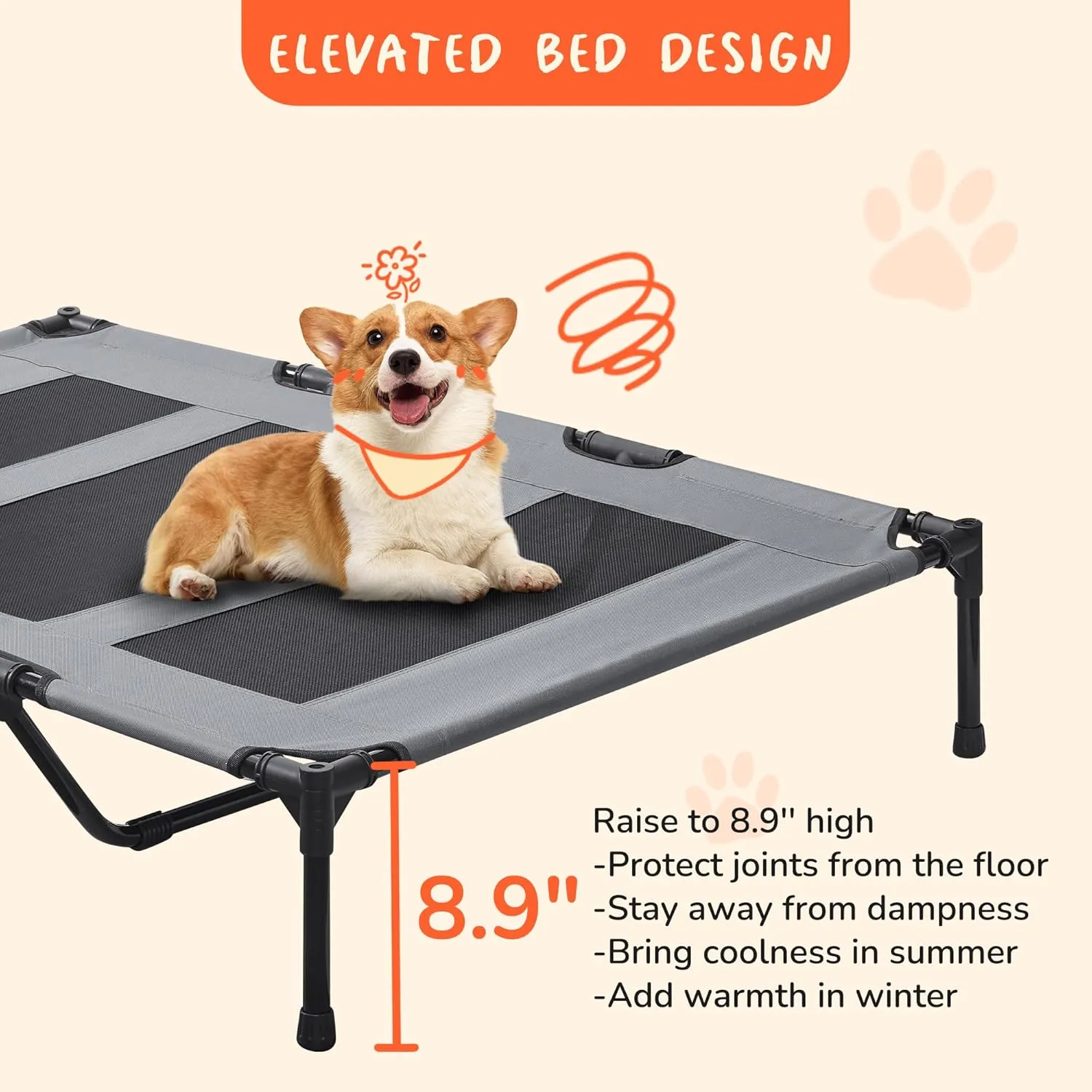 PRAISUN XL Outdoor Dog Bed, Elevated Dog Bed with Durable Oxford Fabric, Textilene Mesh, Metal Frame for Indoors, Outdoors, Lawn, Dark Grey