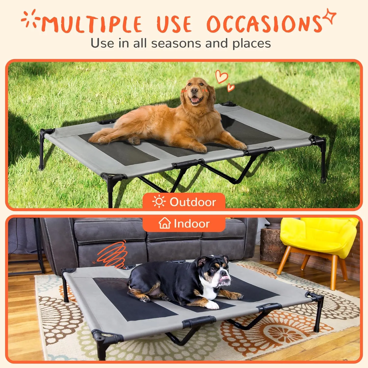 PRAISUN XL Outdoor Dog Bed, Elevated Dog Bed with Durable Oxford Fabric, Textilene Mesh, Metal Frame for Indoors, Outdoors, Lawn, Dark Grey