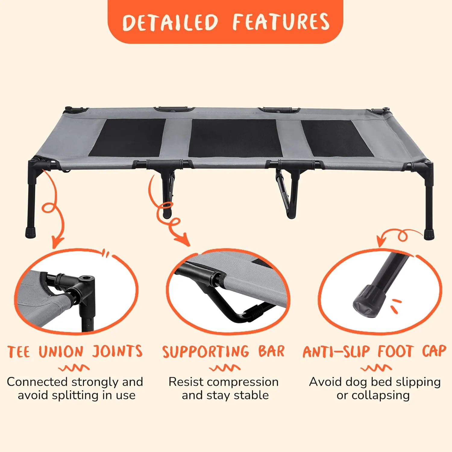 PRAISUN XL Outdoor Dog Bed, Elevated Dog Bed with Durable Oxford Fabric, Textilene Mesh, Metal Frame for Indoors, Outdoors, Lawn, Dark Grey
