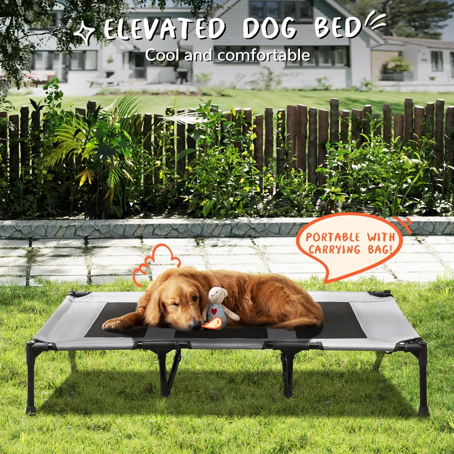 PRAISUN XL Outdoor Dog Bed, Elevated Dog Bed with Durable Oxford Fabric, Textilene Mesh, Metal Frame for Indoors, Outdoors, Lawn, Dark Grey
